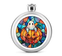 Cute Ghost Inside Carved Halloween Pumpkin Stainless Steel Hip Flask for Liquor, Round Pocket Portable Wine Flask for Drink 5 Oz