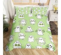 Cute Ghost Kids Duvet Cover Set Single Size, Halloween Theme Green Bedding Set for Boys Girls, Pumpkin Lantern Floral Ghosts Comforter Cover, Soft Polyester Quilt Cover, 1 Pillowcase, No Comforter