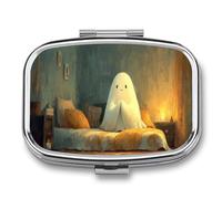 Cute Ghost Kneeling on Bed in Prayer Pill Box 2 Compartment Portable Medicine Pill Case Travel Pill Organizer for Pocket Purse