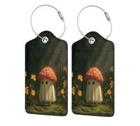 Cute Ghost Mushroom in The Forest Luggage Tag for Suitcase 2 Pack Leather Luggage Tag with Privacy Flap Name Id Label and Metal Loop for Women Men Travel