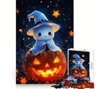 Cute Ghost on Pumpkin Halloween Night 1000 Pieces Jigsaw Puzzles for Adults Focus Train Fade Resist Home Enjoyable Santa Present (38x26cm)