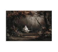 Cute Ghost on Swing in Autumn Woods Print Poster, Dark Academia Gothic Wall Art, Victorian Spooky Fall Decor, Creepy Vintage Halloween Painting 16x24inch(40x60cm) Unframe