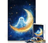 Cute Ghost on The Moon Jigsaw Puzzles 1000 Pieces for Adults Decompress Game Tight Joint Home Enjoyable (50x75cm)