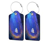 Cute Ghost On The Swing Luggage Tag for Suitcase 2 Pack Leather Luggage Tag with Privacy Flap Name Id Label and Metal Loop for Women Men Travel