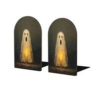 Cute Ghost Open Mouth Glowing Yellow Candle Bookends For Shelves 2 Pcs Wooden Book Stopper Organizer For Home Office Libraries