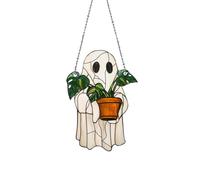 Cute Ghost Pendant,Stained Glass Style Ghost Plant Decoration,Hanging Wall Hanging Window Decoration For Family,Fall Home Decor Gift (White)