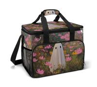 Cute Ghost Pink And Yellow Flowers Camping Cooler Bag Insulated Beach Coolers Portable Leak Proof Bags with Shoulder Strap