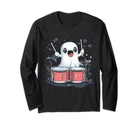 Cute Ghost Playing Drums Funny Halloween Drummer Long Sleeve T-Shirt