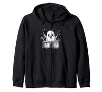 Cute Ghost Playing Drums Funny Halloween Drummer Zip Hoodie