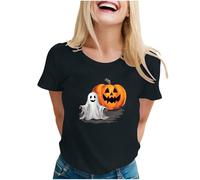 Cute Ghost Pumpkin Halloween T-Shirts for Women Spooky Short Sleeve Tees Funny Clothes Retro Graphic Skull Tops Lightweight Casual Crewneck Comfy Fall Halloween Costume #A01 Black L