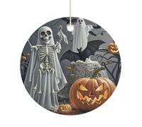 Cute Ghost Pumpkin Lantern Ceramic Ornaments with Hanger Round Porcelain Ornaments Personalized Xmas Tree Keepsake Crafts Gift for Christmas and Thanksgiving Decoration