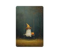 Cute Ghost Pumpkin on A Swing Tin Metal Signs Wall Art Decorations for Bar Pub Club Cafe Room Farmhouse White 30x20cm