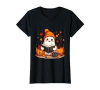 Cute Ghost Reading Book Halloween Autumn Fall Ghost Coffee Value Graphic T-Shirt, Women, Black, L