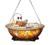 Cute Ghost Reading Book in Bathroom Suncatcher, Cute Halloween Window Hanging Decor with Metal Chain, Funny Gift for Family & Friends, Multicolor Sun Catcher for Bathroom, Home, Halloween Decor