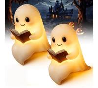 Cute Ghost Reading Book Lamp, 2025 New Cute Halloween Ghost Night Light, Light up Ghosts Halloween Decorations for Indoor Home Table Centerpiece Bedroom Shelf Readers (2pcs Small)