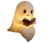 Cute Ghost Reading Book Lamp 6 inch - Warm White LED Night Light Battery Powered - Halloween & Bedroom Shelf Mantel Party Decor - Cozy Ghost Figurine for Families & Friends