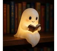Cute Ghost Reading Book Lamp, Cute Halloween Ghost Night Light, 3D Warm Lighted Nightlight, Light up Ghosts Halloween Decorations for Indoor Home Table Centerpiece Bedroom (1, L)