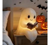 Cute Ghost Reading Book Lamp, Halloween 3D LED Light Up Ghost Statue, Adorable Sitting Ghost Reader Night Light, for Party Bedroom Study Room Table Shelf Spooky Figurine Warm Gift for Readers (S)