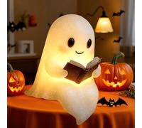 Cute Ghost Reading Book Lamp, Halloween Decor 3D LED Light Up Ghost Night Light for Bedroom Table Shelf Spooky Warm Figurine Lamp Gift for Readers (White-1pc)