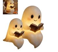Cute Ghost Reading Book Lamp, Halloween Decor 3D LED Light Up Ghost Night Light for Bedroom Table Shelf Spooky Warm Figurine Lamp Gift for Readers (6 inch (2))