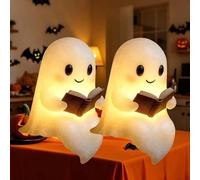 Cute Ghost Reading Book Lamp, Halloween Decor 3D LED Light Up Ghost Night Light for Bedroom Table Shelf Spooky Warm Figurine Lamp Gift for Readers (White-2pcs)
