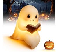 Cute Ghost Reading Book Lamp, Halloween Decor 3D LED Light Up Ghost Night Light,Halloween Ghost Night Light, for Bedroom Table Shelf Spooky Warm Figurine Lamp Gift for Readers (1pc 15cm)