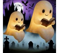 Cute Ghost Reading Book Lamp,Halloween Decor Night Light,Cute Ghost Night Light,Halloween Night Lights for Bedroom Decor & Cozy Reading (6 inches+8.6 inches)