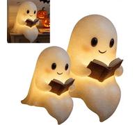 Cute Ghost Reading Book Lamp, Halloween Ghost Night Light, Light Up Ghost Statue Night Light House Mantel Decor Ghost Warm Lighted Indoor Figurine Lamps for Party Bedroom Shelf Table (6 & 8.6 IN)