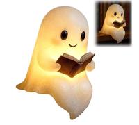 Cute Ghost Reading Book Lamp,Halloween Light Up Ghost Statue Night Light,Ghosts Warm Lighted Indoor Figurine Lamps,Light up Halloween House Mantel Table Decor for Bedroom Shelf Table Centerpiece