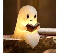 Cute Ghost Reading Book Lamp, New Halloween Light Up Ghost Statue Night Light with Smile, Halloween Home Office Decor, Funny Indoor Ghosts Figurine Decor for Bedroom Living Room (Multicolor)