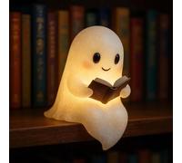 Cute Ghost Reading Book Lamp with Santa Hat - Halloween Light-Up Ghost Figurine, Ghost Reading Book Night Light for Home, Shelf, and Bedroom Decor, Halloween Bookish Lamp (A 6inch)