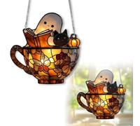 Cute Ghost Reading Book Suncatcher, Halloween Ghost Reading Book Acrylic Sun Catcher Window Hanging Decor, Books Ornaments for Christmas Tree Decorations Gift