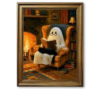 Cute Ghost Reading Canvas Wall Art Painting Cozy Black Cat Halloween Decor Framed Whimsigoth Artwork Fireplace Library Poster Print Book Lover Picture Decor for Read Nook Bedroom Living Room 8x10inch