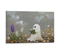 Cute Ghost Reading in The Flower Field Print Dark Romantic Creepy Horror Spooky Wall Art Halloween Poster Cute Ghost Flower Poster08x12inch(20x30cm)
