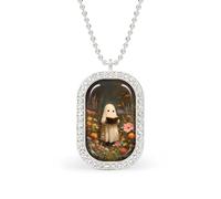Cute Ghost Reading in The Flower Garden Rectangle Pendant Necklace Silver Women Jewelry Alloy Keychain Tag Jewelry