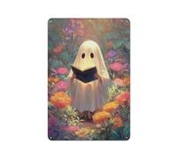 Cute Ghost Reading in The Flower Garden Tin Metal Signs Wall Art Decorations for Bar Pub Club Cafe Room Farmhouse White 30x20cm
