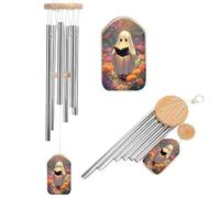 Cute Ghost Reading in The Flower Garden Wind Chimes Memorial Deep Tone Windchime with 6 Aluminum Tubes Outdoor Backyard Garden Decoration