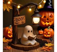 Cute Ghost Reading Lantern - Boo,3D LED Resin Halloween Ghost Reading Book Lamp,Light up Mini Ghosts Figurine,Halloween Night Light,Warm Lighted Ghosts Read Book Lamp for Bedroom Living Room (21cm)