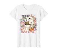 Cute Ghost Reading Religious Book Fall Floral Value Graphic T-Shirt, Women, White, S