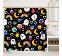 Cute Ghost Shower Curtain, Colorful Happy Emoticon Faces and Rainbow Bathroom Decor, Halloween Fun Playful Black Waterproof Fabric Shower Curtain with Hooks 72x72 Inch