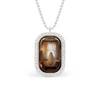 Cute Ghost Sits on An Old Bathtub Rectangle Pendant Necklace Silver Women Jewelry Alloy Keychain Tag Jewelry