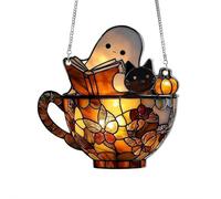 Cute Ghost Suncatcher, Acrylic Ghost Reading Book in Teacup Sun Catcher Hanging Window Decoration Funny Ghost Book Lover Gift for Garden Home Bookish Library Decor