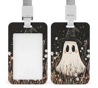 Cute Ghost Wearing Witch Hat Wildflowers ID Badge Holder Retractable Clip Card Holder Card Protector Name Badge Name Tag for Work Office Doctor Nurse