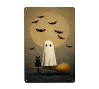 Cute Ghost White Cat Sitting On Broom Metal Signs Tin Wall Art Decor For Bathroom Toilet Washroom Farmhouse Restroom Yard 20x30 Cm