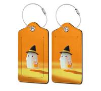 Cute Ghost Witch Hat Holding Halloween Bucket Luggage Tag for Suitcase 2 Pack Leather Luggage Tag with Privacy Flap Name Id Label and Metal Loop for Women Men Travel