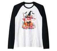 Cute Ghost Witch Hat Pumpkin Broom Floral Halloween Art Raglan Baseball Tee