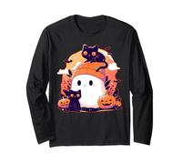 Cute Ghost With Black Cats Autumn Pumpkins Halloween Vibes Long Sleeve T-Shirt