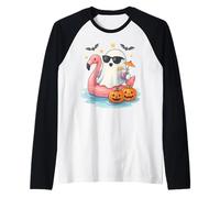Cute Ghost with Flamingo Float Funny Halloween Spooky Summer Raglan Baseball Tee