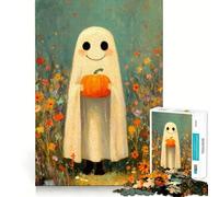 Cute Ghost with Pumpkin in Flower Field Jigsaw Puzzles for Teenagers 1000 Pieces Memory Train Fine Thick Home Game Birthday Present (38x26cm)