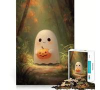 Cute Ghost with Pumpkin in Forest Jigsaw Puzzles 1000 Piece for Teenagers Logic Game Sharp Edge Hard Challenge Game Night (38x26cm)